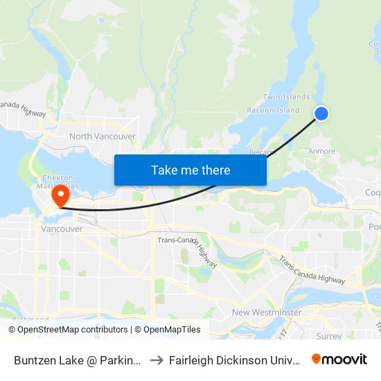 Buntzen Lake @ Parking Lot to Fairleigh Dickinson University map