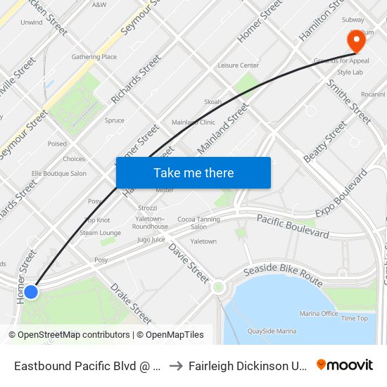 Eastbound Pacific Blvd @ Homer St to Fairleigh Dickinson University map