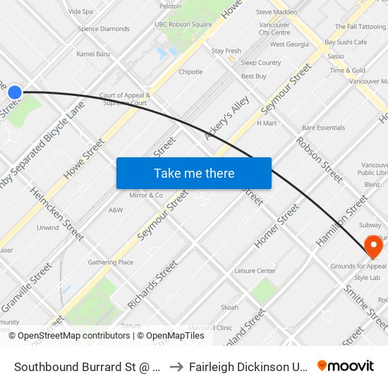 Southbound Burrard St @ Nelson St to Fairleigh Dickinson University map