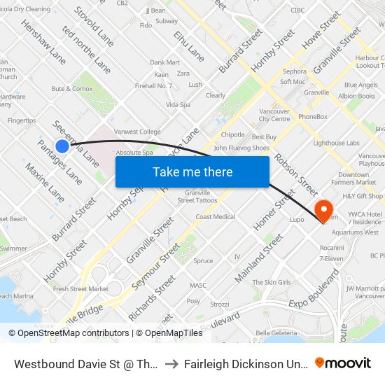 Westbound Davie St @ Thurlow St to Fairleigh Dickinson University map