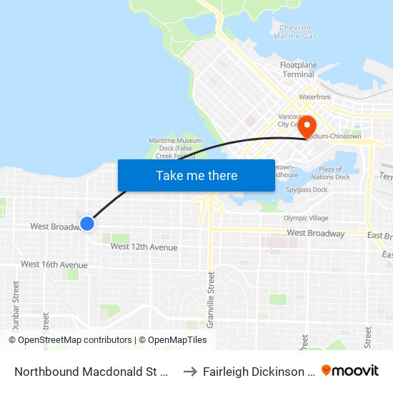 Northbound Macdonald St @ W Broadway to Fairleigh Dickinson University map