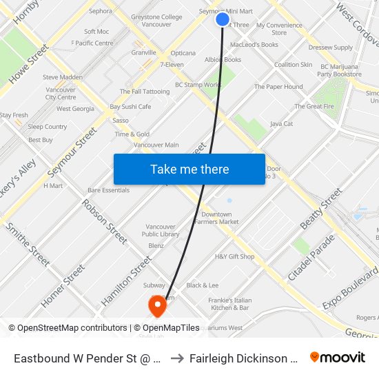 Eastbound W Pender St @ Seymour St to Fairleigh Dickinson University map