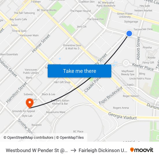 Westbound W Pender St @ Abbott St to Fairleigh Dickinson University map