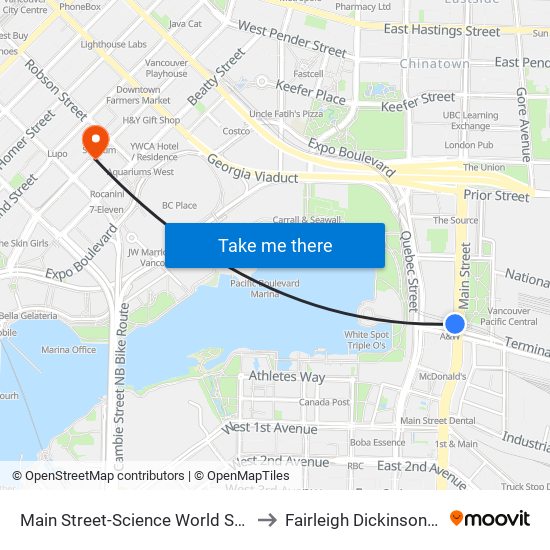 Main Street-Science World Station @ Bay 1 to Fairleigh Dickinson University map