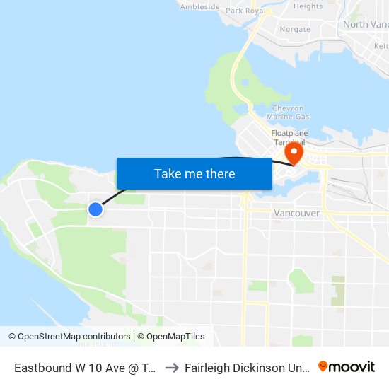 Eastbound W 10 Ave @ Tolmie St to Fairleigh Dickinson University map