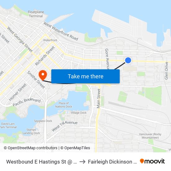 Westbound E Hastings St @ Princess Ave to Fairleigh Dickinson University map