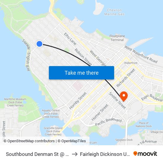 Southbound Denman St @ Comox St to Fairleigh Dickinson University map