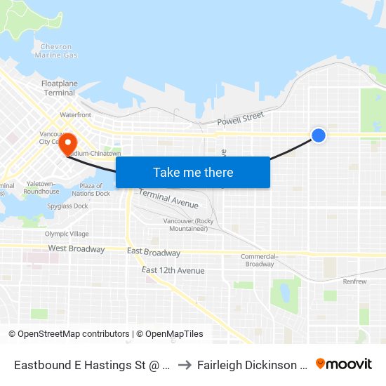 Eastbound E Hastings St @ Kamloops St to Fairleigh Dickinson University map