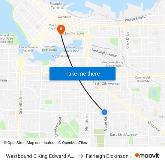 Westbound E King Edward Ave @ Fraser St to Fairleigh Dickinson University map