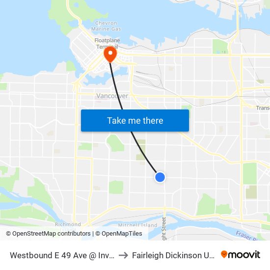 Westbound E 49 Ave @ Inverness St to Fairleigh Dickinson University map
