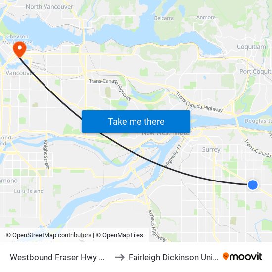 Westbound Fraser Hwy @ 156 St to Fairleigh Dickinson University map