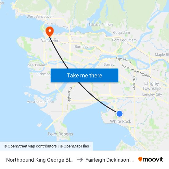 Northbound King George Blvd @ 152 St to Fairleigh Dickinson University map