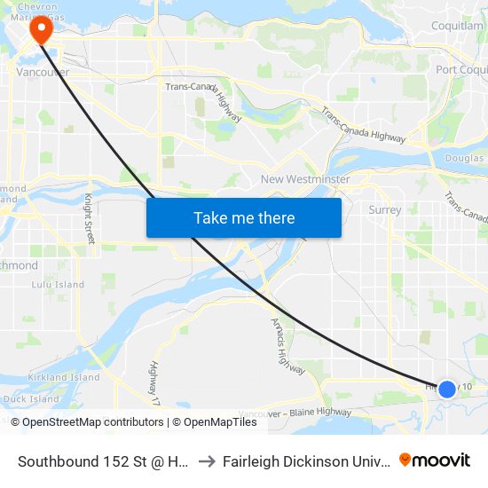 Southbound 152 St @ Hwy 10 to Fairleigh Dickinson University map