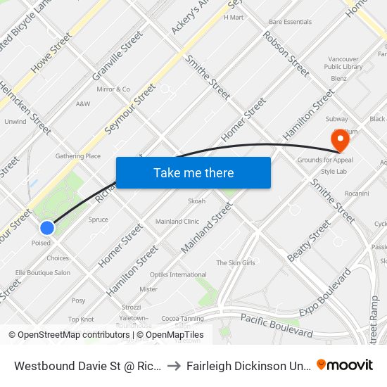 Westbound Davie St @ Richards St to Fairleigh Dickinson University map