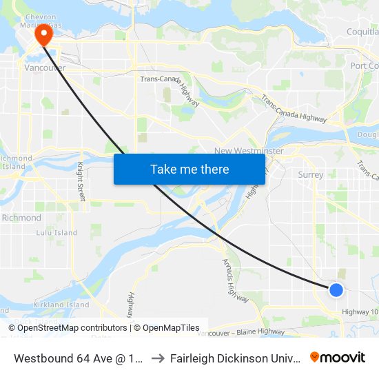 Westbound 64 Ave @ 144 St to Fairleigh Dickinson University map