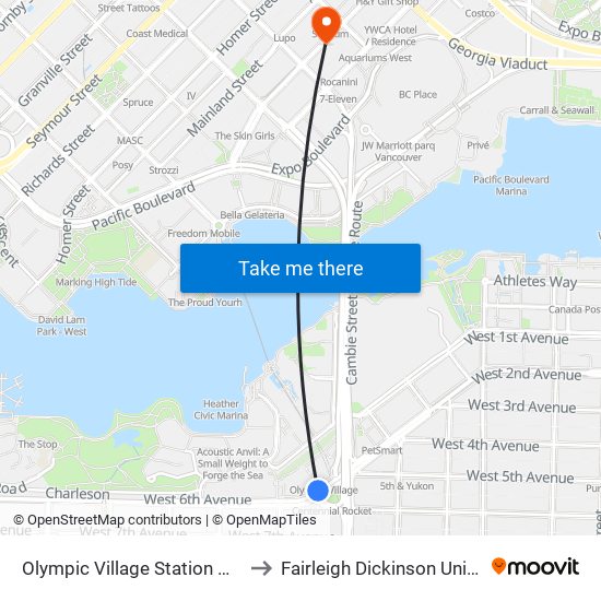 Olympic Village Station @ Bay 1 to Fairleigh Dickinson University map