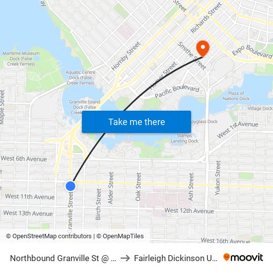 Northbound Granville St @ W 10 Ave to Fairleigh Dickinson University map