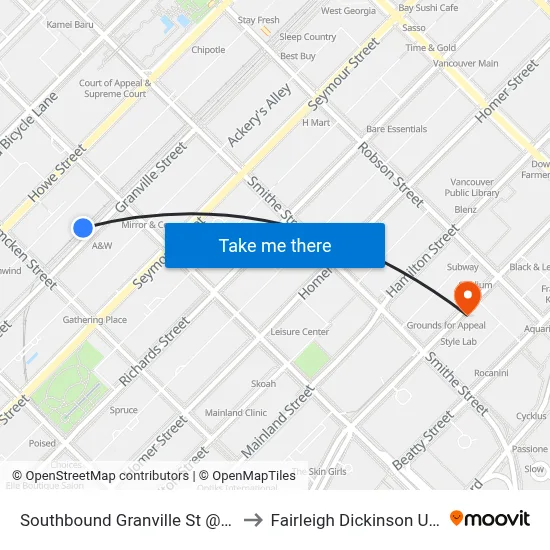 Southbound Granville St @ Nelson St to Fairleigh Dickinson University map