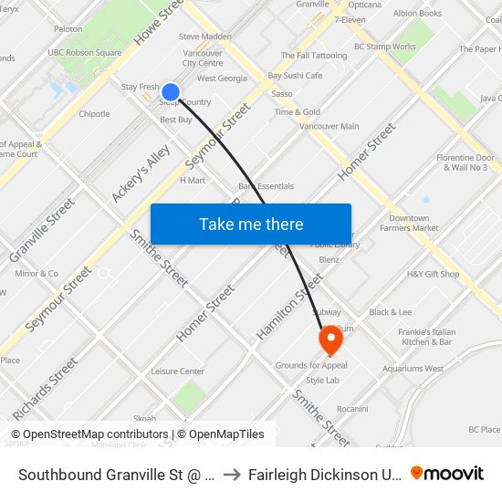 Southbound Granville St @ Robson St to Fairleigh Dickinson University map