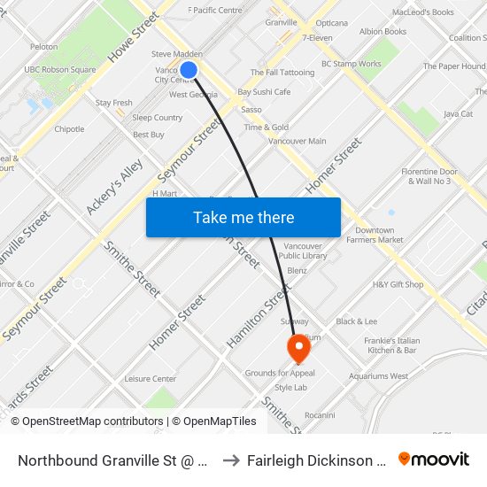 Northbound Granville St @ W Georgia St to Fairleigh Dickinson University map