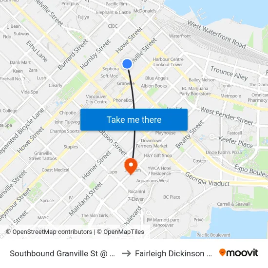 Southbound Granville St @ W Pender St to Fairleigh Dickinson University map