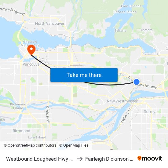 Westbound Lougheed Hwy @ 700 Block to Fairleigh Dickinson University map