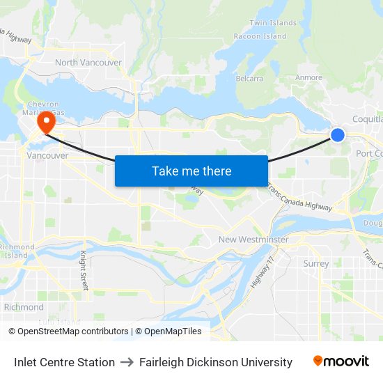 Inlet Centre Station to Fairleigh Dickinson University map