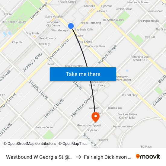 Westbound W Georgia St @ Seymour St to Fairleigh Dickinson University map