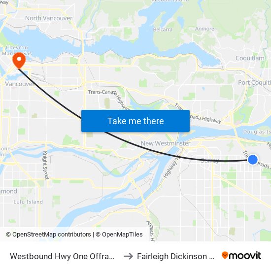 Westbound Hwy One Offramp @ 156 St to Fairleigh Dickinson University map