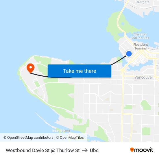 Westbound Davie St @ Thurlow St to Ubc map