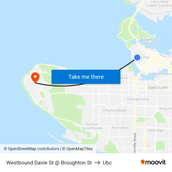 Westbound Davie St @ Broughton St to Ubc map