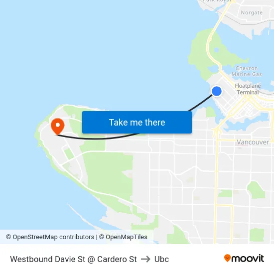 Westbound Davie St @ Cardero St to Ubc map