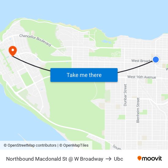 Northbound Macdonald St @ W Broadway to Ubc map