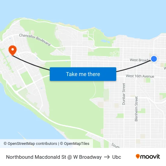 Northbound Macdonald St @ W Broadway to Ubc map