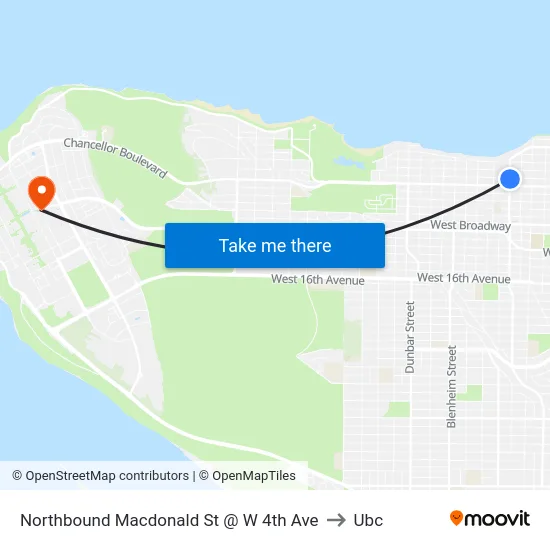 Northbound Macdonald St @ W 4th Ave to Ubc map