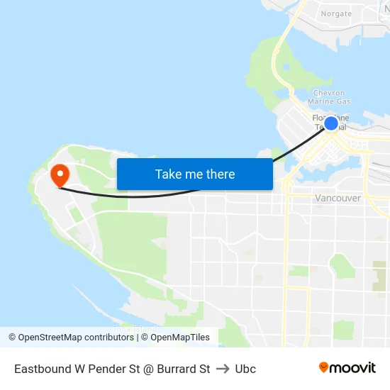 Eastbound W Pender St @ Burrard St to Ubc map