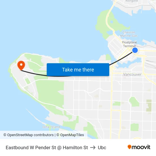 Eastbound W Pender St @ Hamilton St to Ubc map