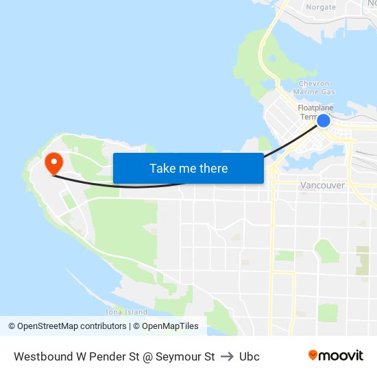 Westbound W Pender St @ Seymour St to Ubc map