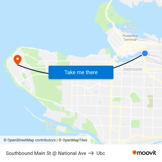 Southbound Main St @ National Ave to Ubc map