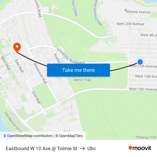 Eastbound W 10 Ave @ Tolmie St to Ubc map