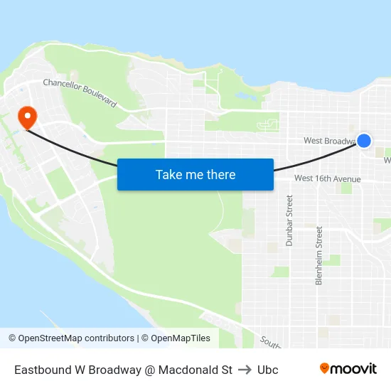 Eastbound W Broadway @ Macdonald St to Ubc map