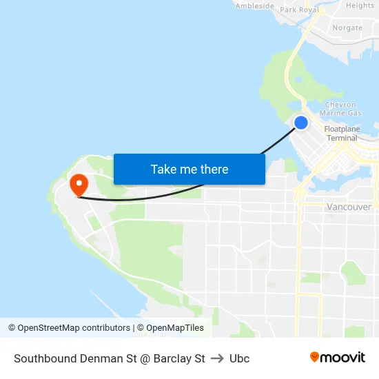 Southbound Denman St @ Barclay St to Ubc map