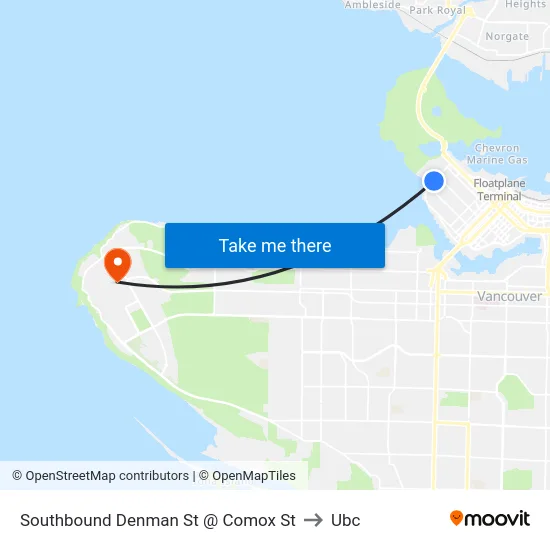 Southbound Denman St @ Comox St to Ubc map