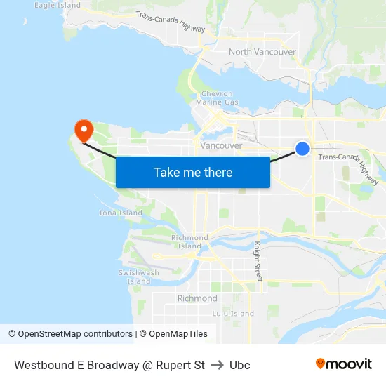 Westbound E Broadway @ Rupert St to Ubc map