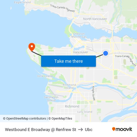 Westbound E Broadway @ Renfrew St to Ubc map