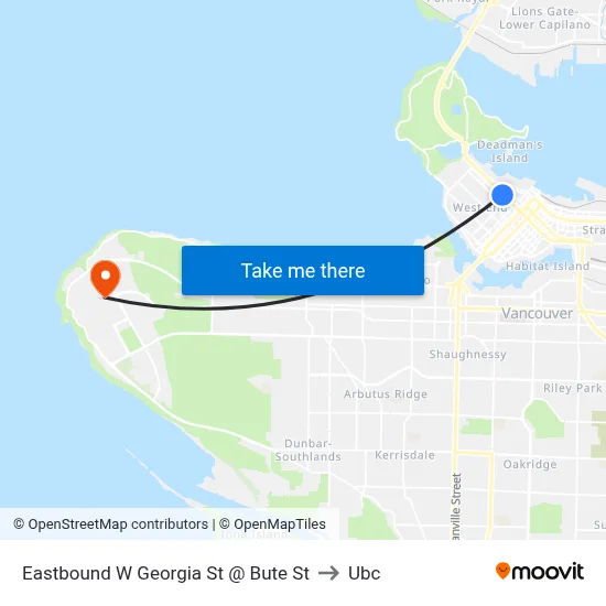 Eastbound W Georgia St @ Bute St to Ubc map