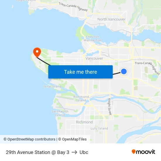 29th Avenue Station @ Bay 3 to Ubc map