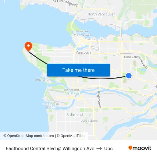 Eastbound Central Blvd @ Willingdon Ave to Ubc map