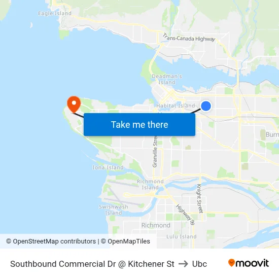 Southbound Commercial Dr @ Kitchener St to Ubc map