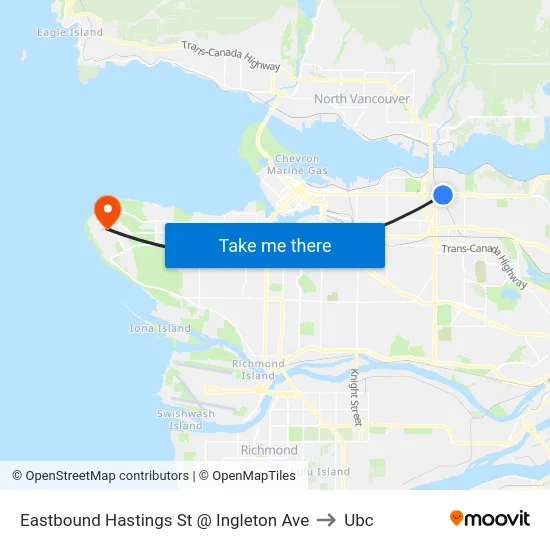 Eastbound Hastings St @ Ingleton Ave to Ubc map